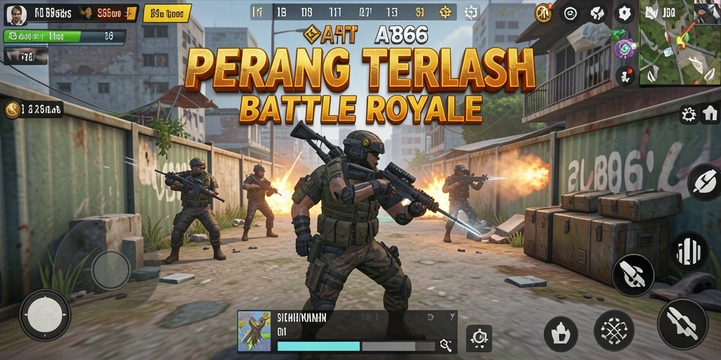 Screenshot gameplay AT866 yang menunjukkan pertarungan intens Battle Royale.