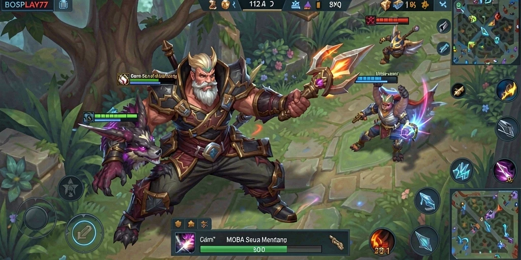 Screenshot gameplay BOSPLAY77 menampilkan aksi seru dalam pertempuran MOBA.