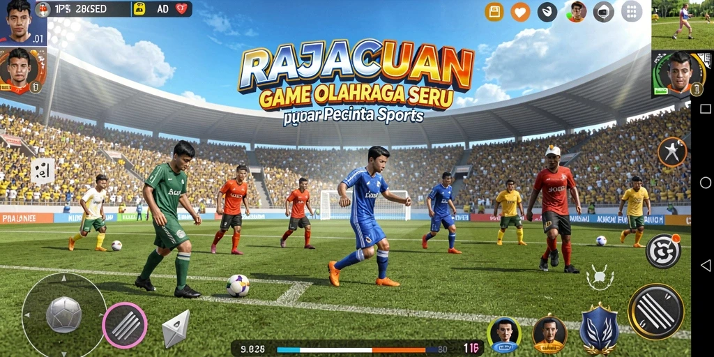 Screenshot utama RAJACUAN menampilkan pemain beraksi dalam pertandingan olahraga.