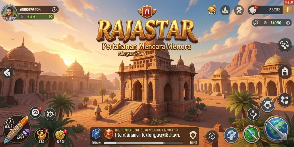 Screenshot gameplay RAJASTAR menampilkan menara dan musuh yang menyerang.
