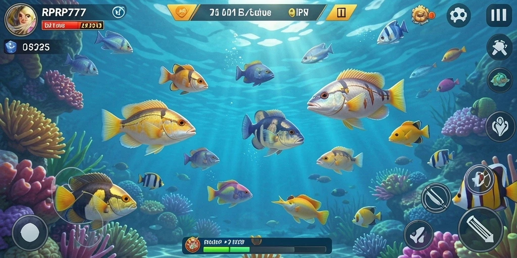 Tampilan gameplay seru RPRP777 dengan aksi menembak ikan.