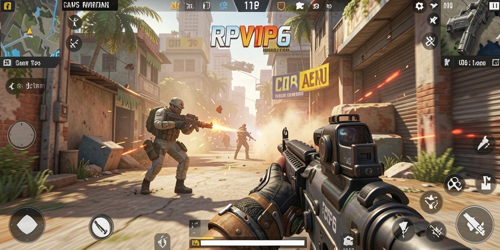 Screenshot RPVIP6 menampilkan aksi pertempuran seru dalam game TPS.
