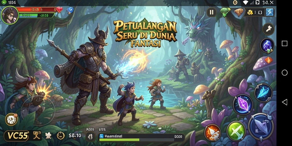 Screenshot VC55 menampilkan aksi pertempuran seru dalam dunia fantasi.